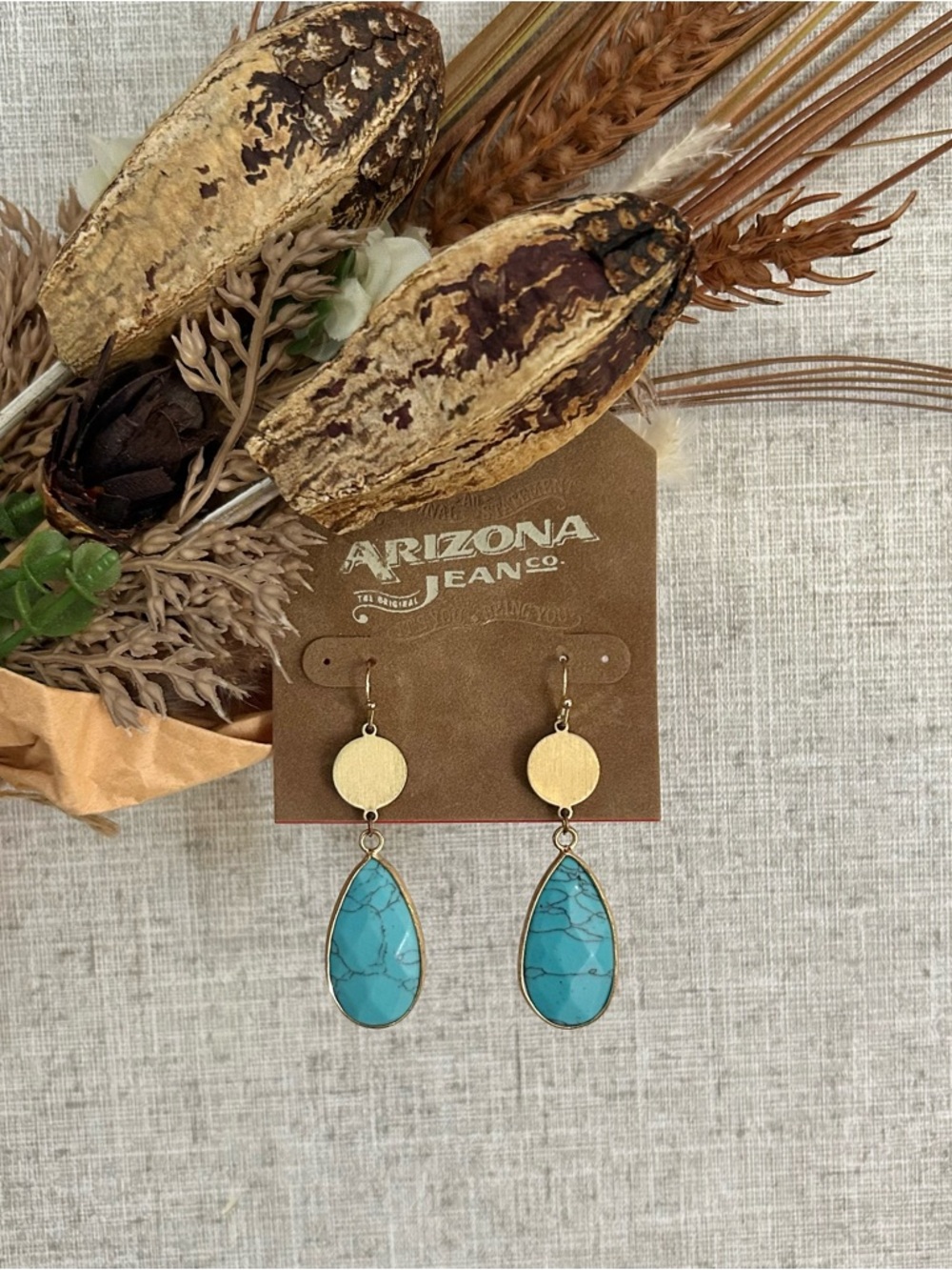 NWT Arizona Jeans Co. Turquoise & Gold Teardrop Boho Western Earrings
